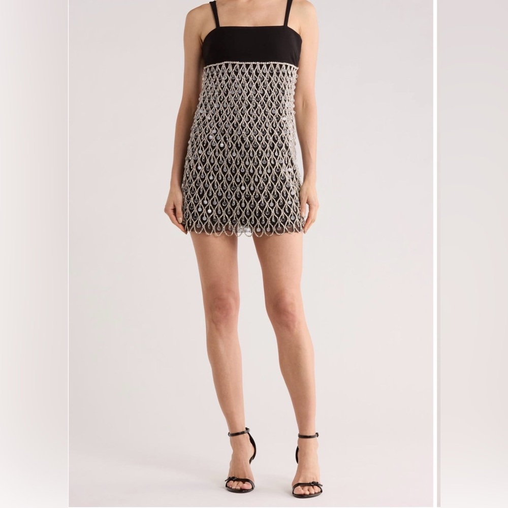 Black Mini Dress with White Crochet Overlay and Thin Straps